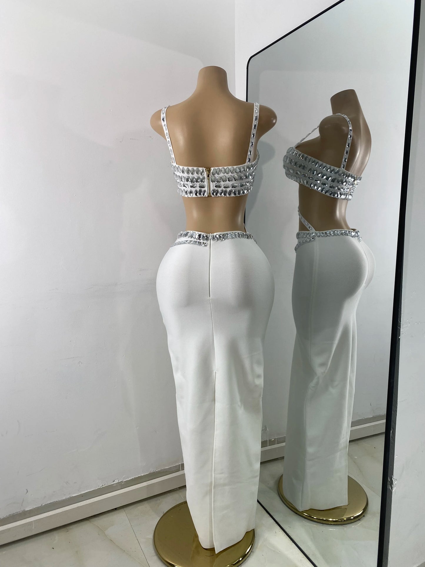 Luxury Crystal Diamonds Top Skirt Two Pieces Women's Bandage Sets White Black Knitted Celebrity Evening Birthday Party Outfit