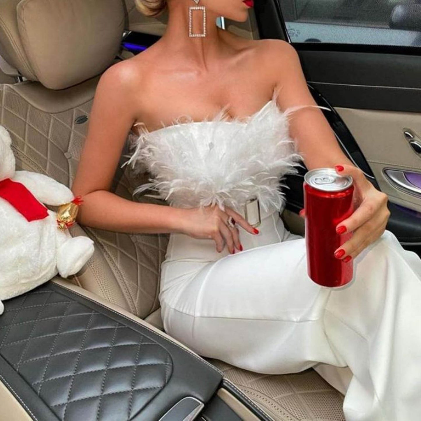 Women Jumpsuit Feather Tube Top Sexy Evening Party Jump Suits Sleeveless High-waisted Straight Playsuits Night Clubwear Overalls