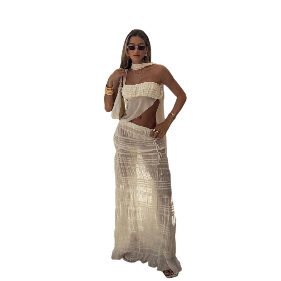 Weird Puss See Through 2-Piece Set Scarf Strapless Top Mesh Irregular Hem+Multi-Pleated Skirt Beach Party Matching Pretty Suits
