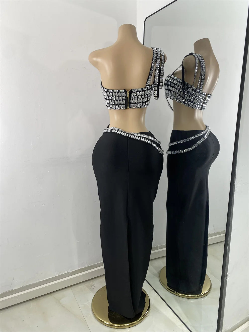 Luxury Crystal Diamonds Top Skirt Two Pieces Women's Bandage Sets White Black Knitted Celebrity Evening Birthday Party Outfit