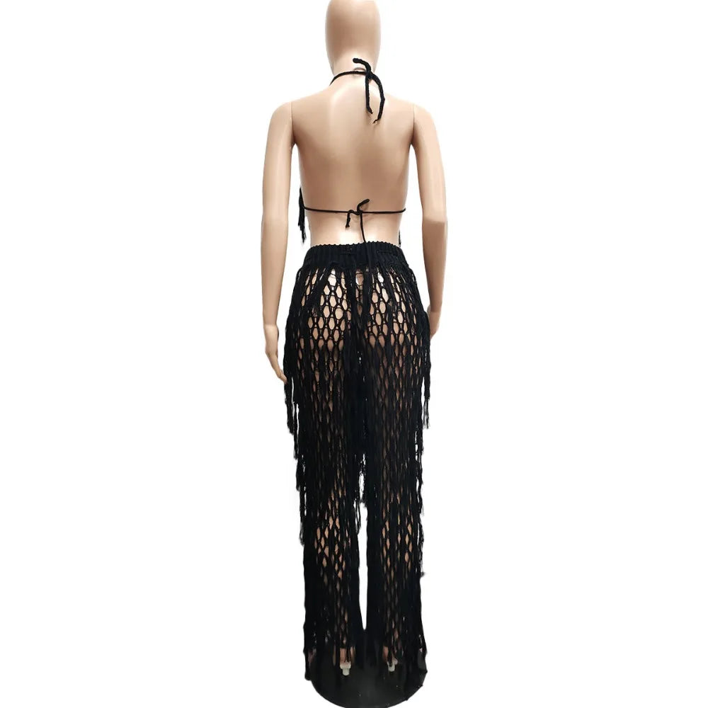 FAGADOER Sexy Hollow Out Tassels Pants Two Piece Sets Women Halter Sleeveless Backless Crop Top + Pants Outfit Female Streetwear