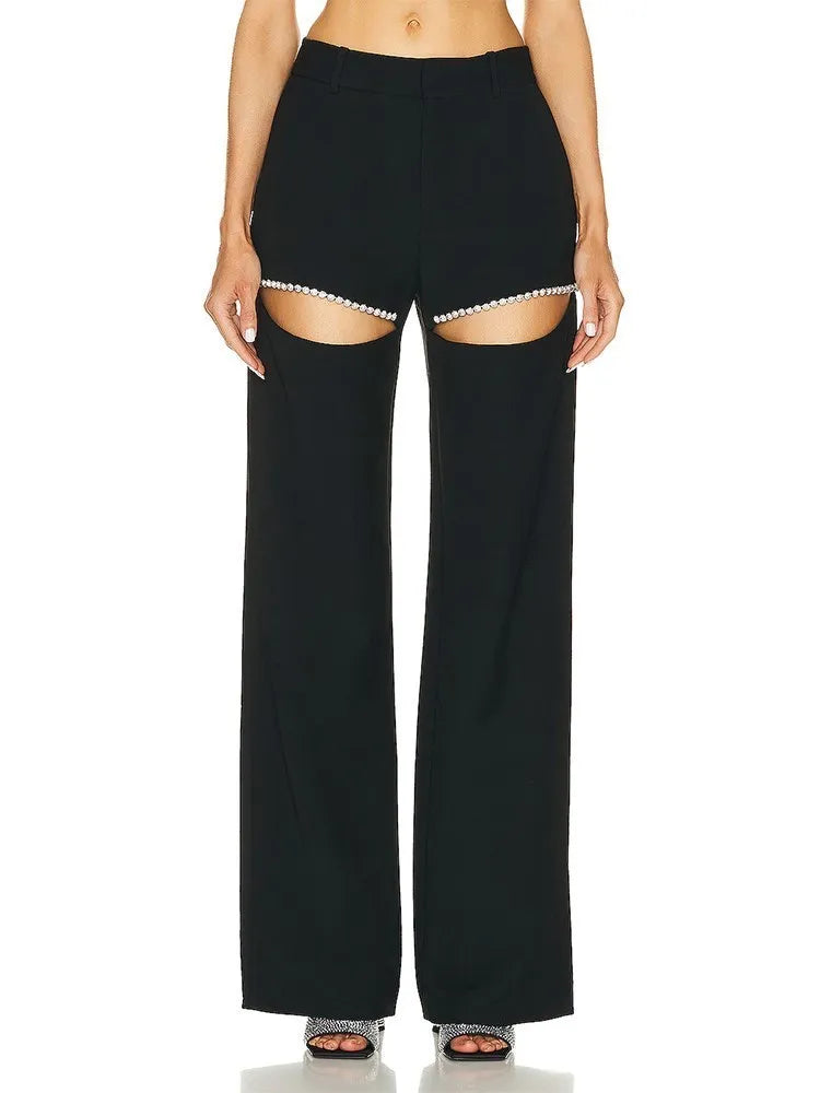 TWOTWINSTYLE Solid Wide Leg Pants For Women High Waist Hollow Out Spliced Diamonds Loose Straight Pant Female Fashion Clothing
