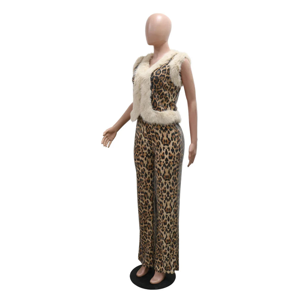 CM.YAYA Women's Set Sleeveless Fur Leopard Sequined V-neck Wool Vest and Pant Suits 2024 Street Two 2 Piece Set Outfit Tracksuit