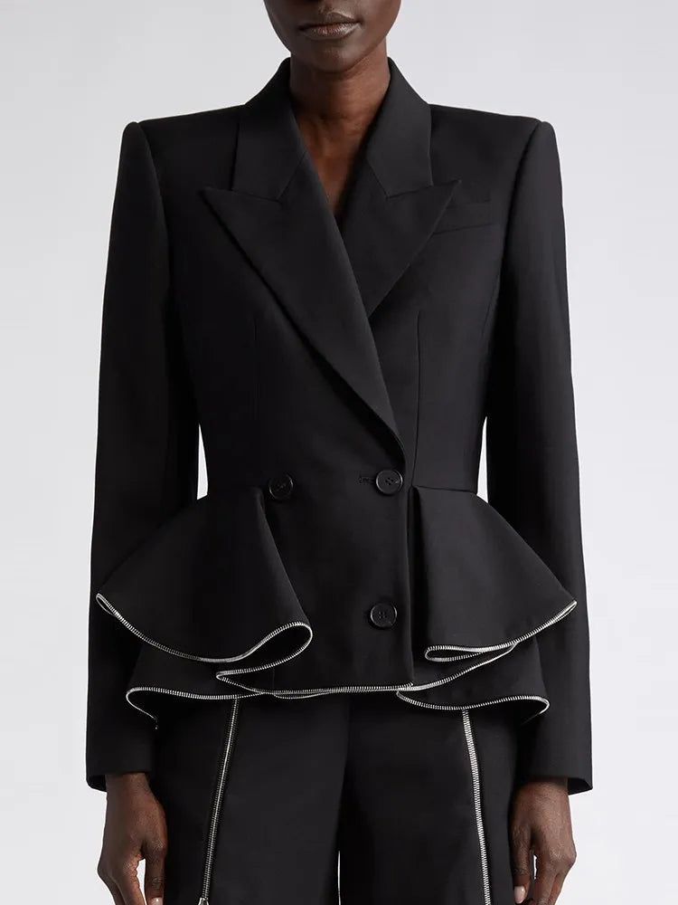 TWOTWINSTYLE Solid Spliced Ruffles Blazers For Women Notched Collar Long Sleeve Patchwork Button Casual Blazer Female Clothing