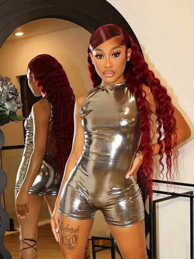 Weird Puss Silky Sexy Playsuit Women Backless Coquette Sleeveless Summer Hipster Shiny Skinny Fit Stretch Activity Club Romper