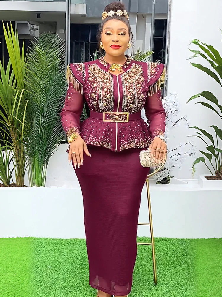 2025 African Clothes For Women Plus Size Two Piece Set Outfits Long Sleeve Tops And Skirt Suit Wedding Party Evening Dress Gowns
