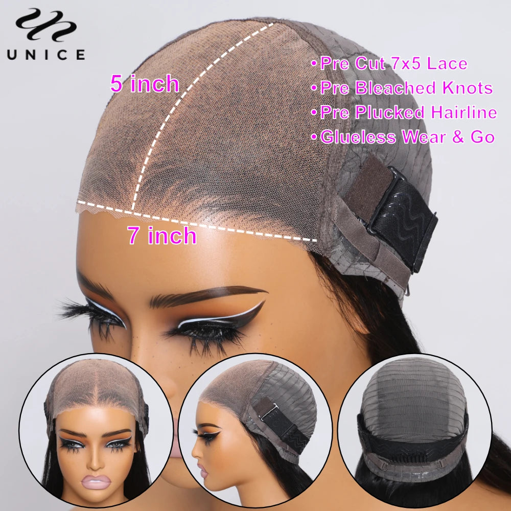 UNice Hair Bye Bye Knots 7x5 Lace Glueless Wig Brown Balayage Body Wave Human Hair Lace Front Wig Pre Cut Pre Bleached Lace Wig