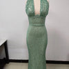 Sexy Halter Deep V Neck Sequins Maxi Dress Women Green Sleeveless Backless Sequined Slim Long Dresses Celebrity Party Gowns