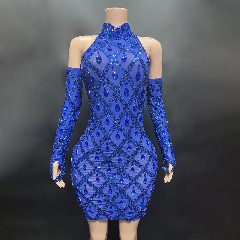 High Quality Sparkling Rainestone Sexy Bodycon Mini Dress Birthday Celebrate Evening Party Dress