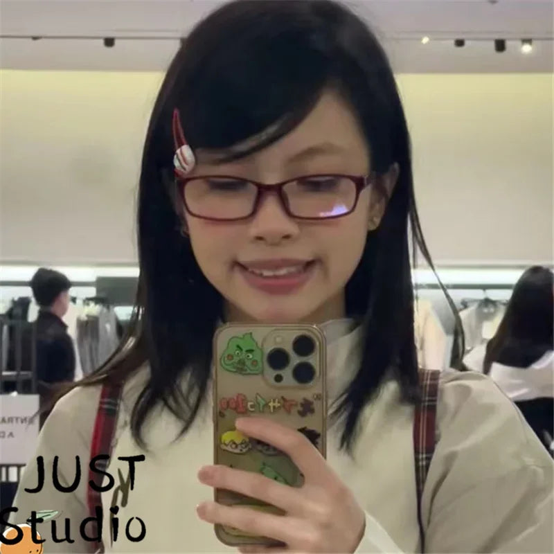 Y2K Women Retro Oval Square Glasses Red Green Frame Glass Eyewear Decorative Computer Anti-blue Eyeglasses with Seaside Driving