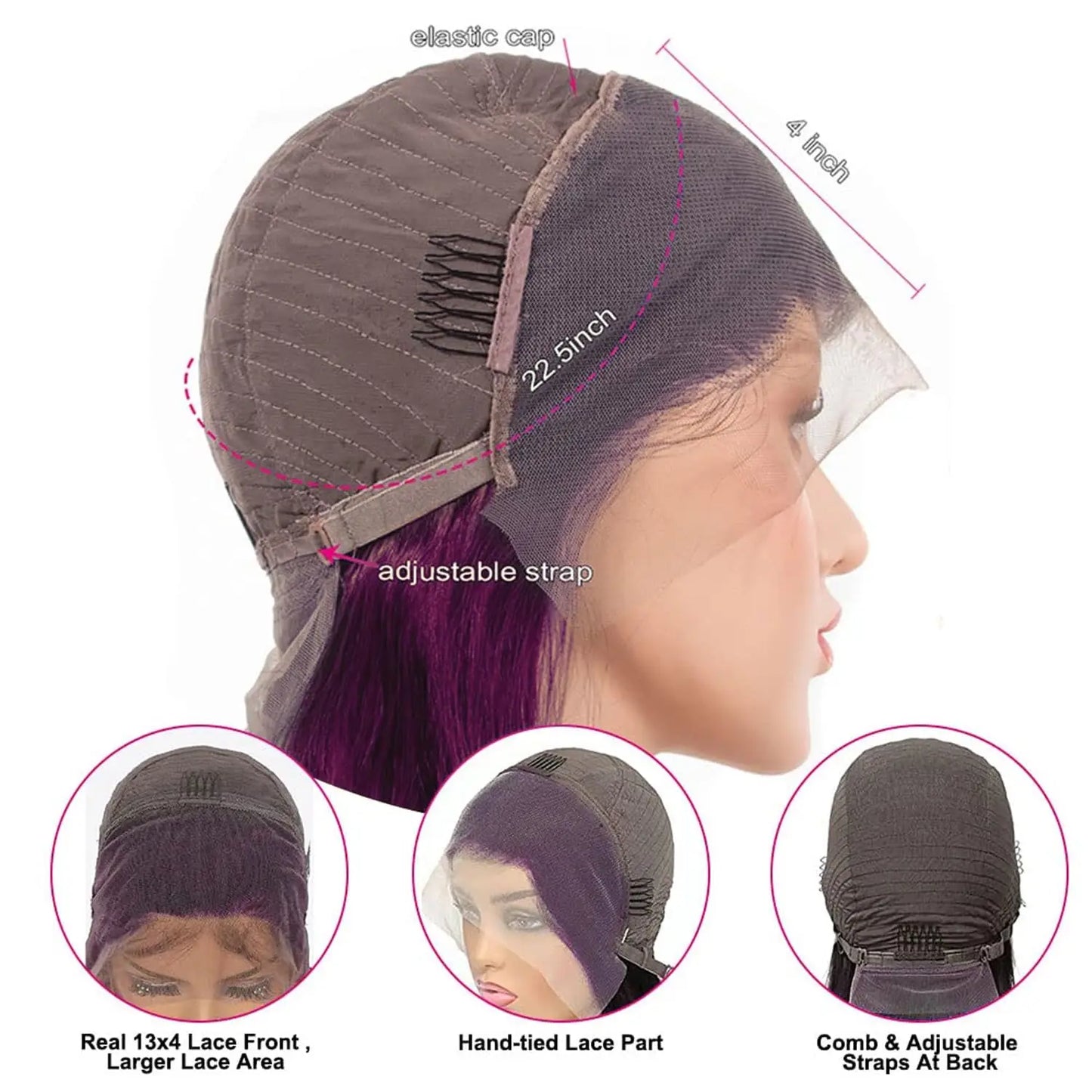 Dark Purple Bob Lace Front Wigs Human Hair Colored 13x4 Lace Frontal Short Straight Purple Bob Wig Pre Plucked with Baby Hair