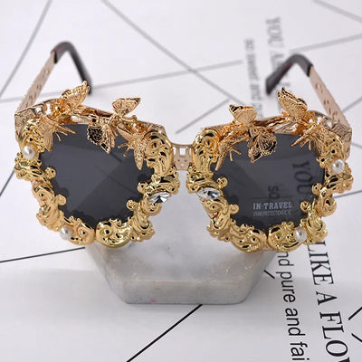 Luxury Round Baroque Sunglasses Metal Flower Vintage Eyewear Brand Design Outdoors Casual Fashion Accessories Women's Sunglasses