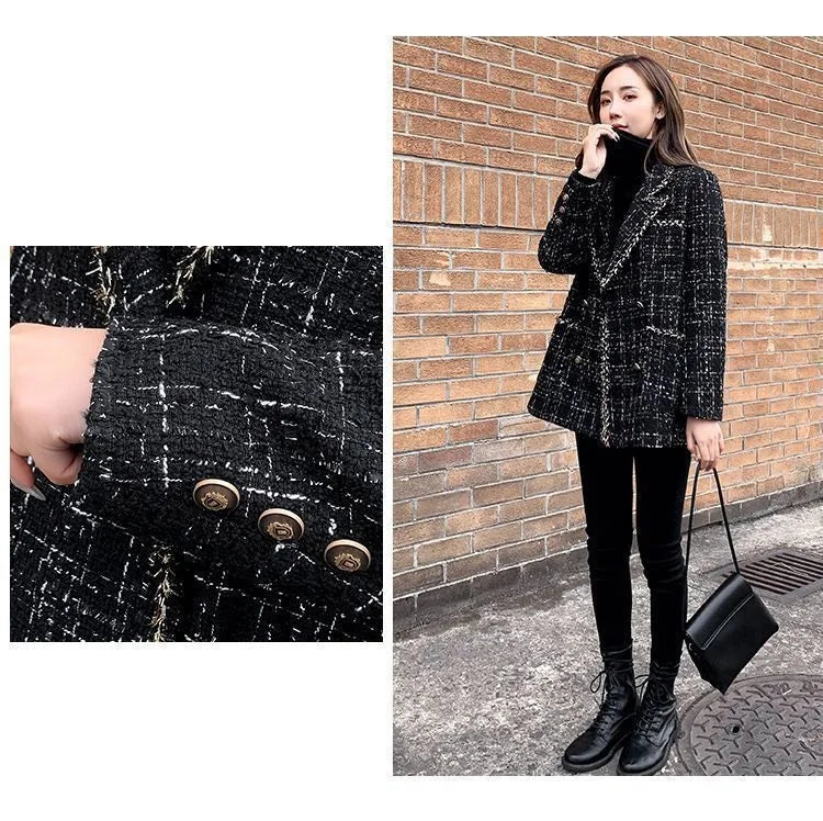 Tweed Plaid Suit Jacket Women Outwear Loose Mid-Length Double-Breasted Casual Woolen Blazer Top 2024 Spring Autumn New Chic Suit