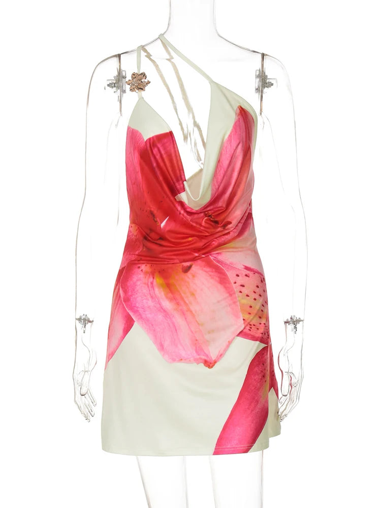 TARUXY One-shoulder Sexy Printed Dress Draped Swinging Collar Beach Vacation Mini Dress Elegant Sleeveless Female High Waist