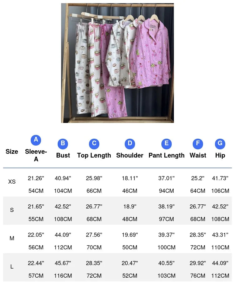 Pink Cartoon Print Pajamas Set Women Soft Sleepwear Cotton Shirt Pant Long Sleeve Autumn Home Clothing Christmas Party Gift