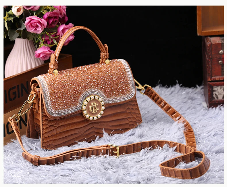 Fashion Diamonds Women Handbags 2023 Red Genuine Leather Lady Shoulder Messenger Bag Crocodile Pattern Portable Shell Tote Bags