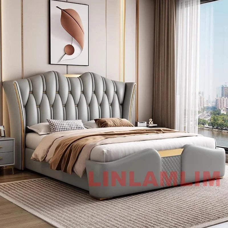MINGDIBAO Luxury Modern Upholstered Bed Frame with Gold Accents, Genuine Leather Designer Bed, Queen/King Size Bedroom Furniture