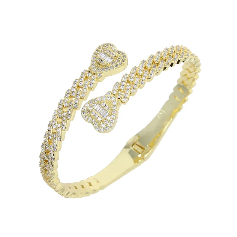 Iced Out Cuff Bangle Paved Setting Bling Cz Cubic Zirconia Wrist Cuban Chain Link Bracelets Fashion Hip Hop Jewelry for Women