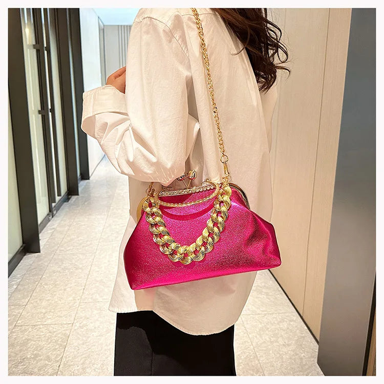 2024 Luxury Women Gold Green Chain Messenger Bags PU Leather Shoulder Bags Shell Clip Designer Handbag And Purse Wedding Clutch
