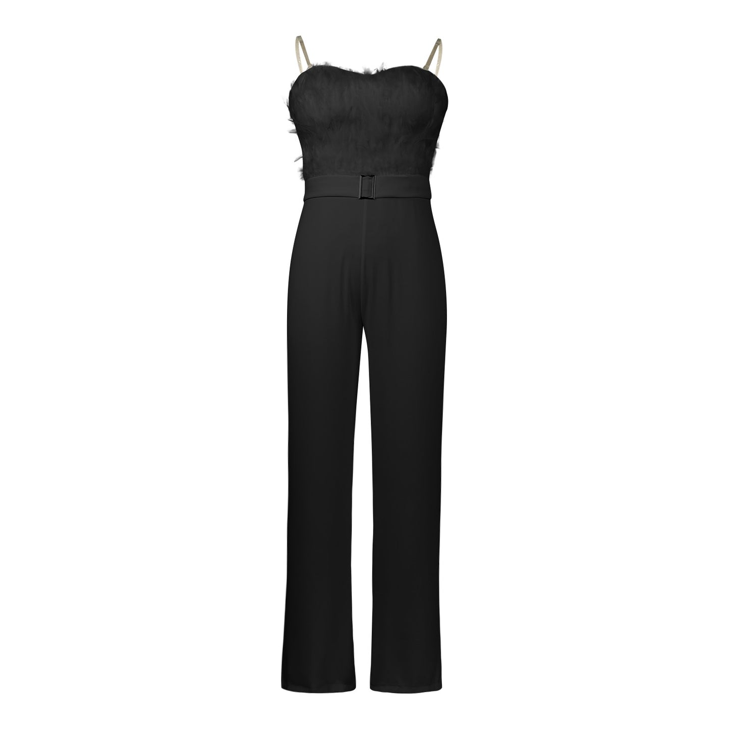 Women Jumpsuit Feather Tube Top Sexy Evening Party Jump Suits Sleeveless High-waisted Straight Playsuits Night Clubwear Overalls