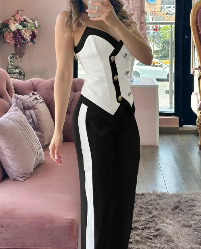 Spring Summer Sleeveless Suit Fashion Print Two Piece Sets Women Sexy V-neck Button Metal Sling Top & Wide Leg Pants Outfits