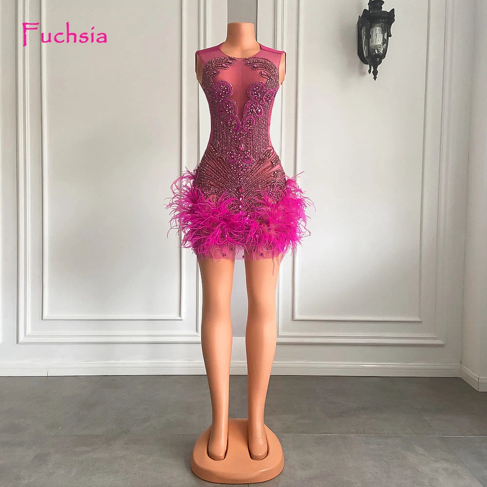 Stunning Sparkly Luxury Diamond Women Birthday Party Cocktail Gowns Sexy Sheer Pink Feather Mini Short Prom Dresses 2025