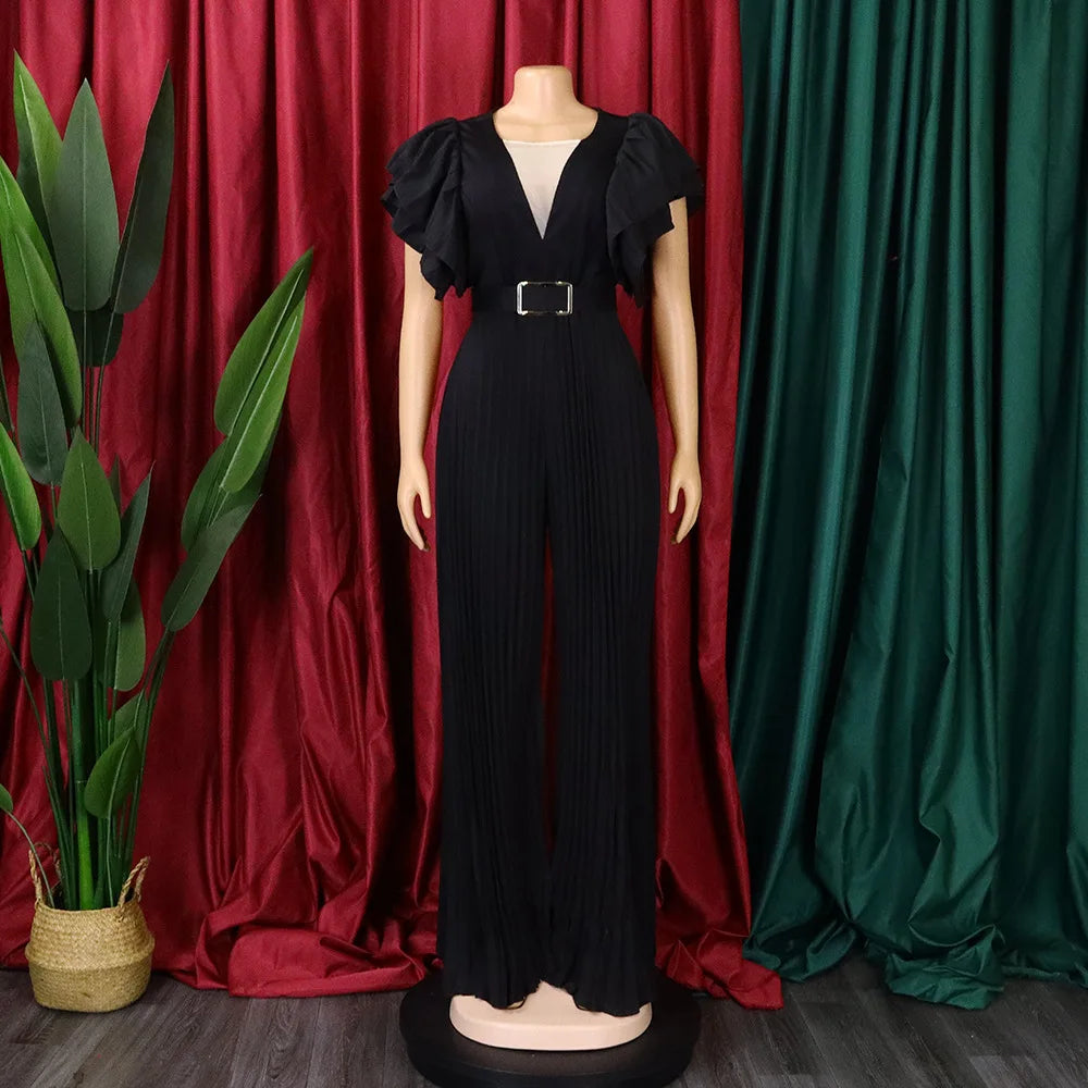 Elegant Pleated Jumpsuits & Rompers for Women V Neck Ruffles Belt Waisted High Waisted Floor Length Luxury Birthday Party Outfit