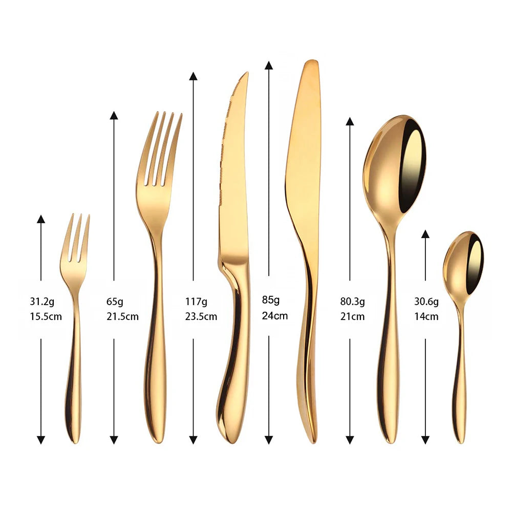 6/16/20/24Pcs Gold Tableware Stainless Steel 304 Cutlery Set Western Dinner Set Mirror Knife Fork Spoon Smooth Handle Flatware