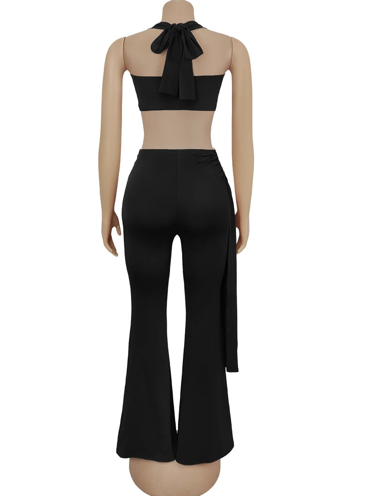 Beyprern New Chic Twist Front Crop Top And Long Straps Wide Legs Pants Set Womens Ruched Metal Tracksuits Set Night Out Overalls