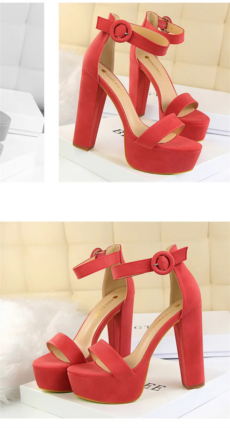 Fashion Women Pumps Sandals Summer Platform Belt Buckle Strap PU Square Heel Outdoor Korean Style Black Open Toe Grace 1550-1