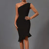 Mermaid Midi Bandage Dress Women Black Bodycon Dress Evening Party Elegant Sexy One Shoulder Birthday Club Outfit 2023 Summer