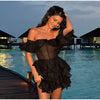Chic Off-Shoulder Flounce Mesh Dress Woman Transparent Solid Color Layered Short Dresses Sexy Beach Vacation Women's Mini Dress