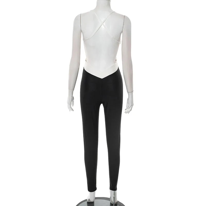 Nsauye High Waisted Bodycon Women Sexy One Pieces Fashion Y2K V Neck Jumpsuit Top Summer 2025 Club Overalls Bodysuit Low Cut Out