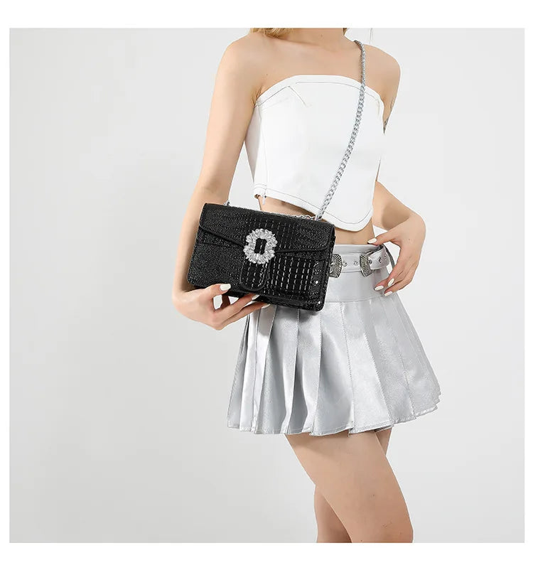 Crocodile Embossed Shoulder Bags For Women Flap PU Leather Fashion Rhinestone Decor Small Square Crossbody Bag Designer Handbag