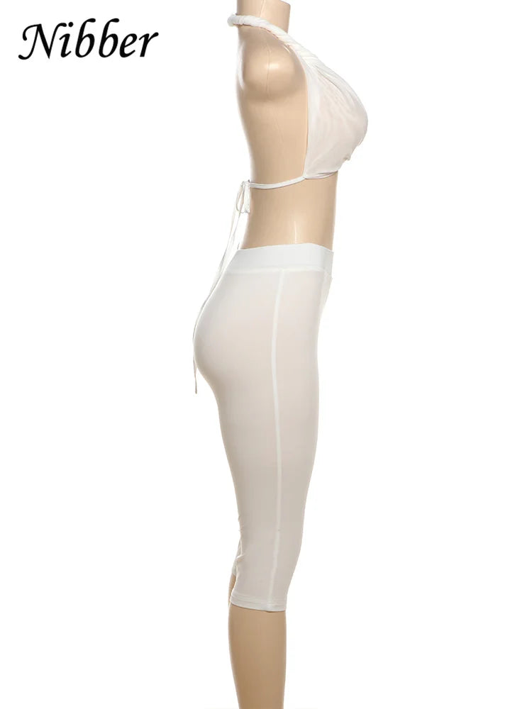 Nibber Sexy See Through Women 2 Piece Set Summer Trend Mesh Thin Whip Halter Tank Tops+Wide Waist Shorts Matching Street Outfits
