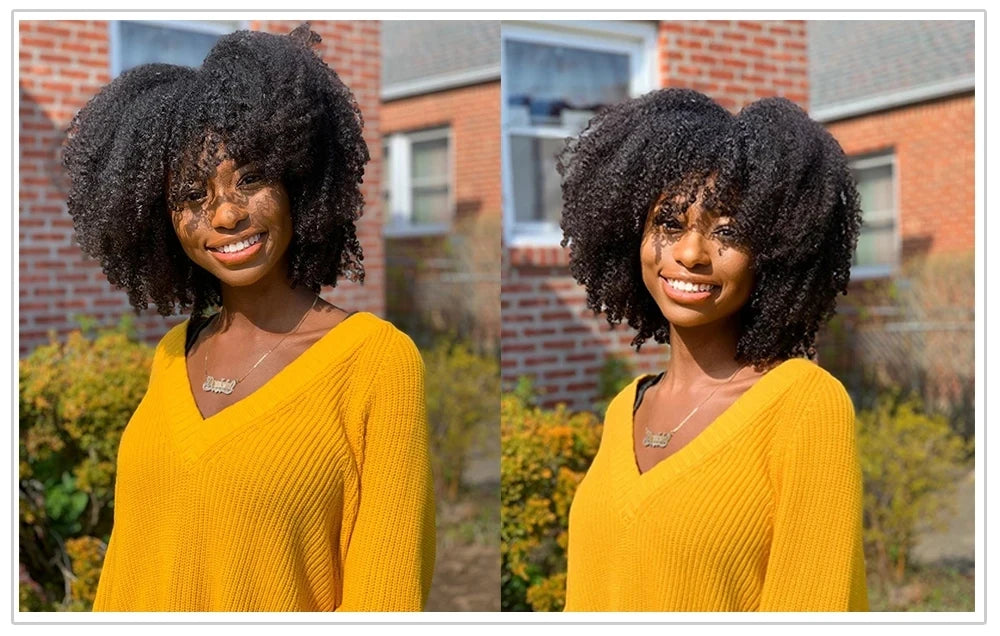 Afro Kinky Curly Wigs with Bangs 250% Density Brazilian Remy Human Hair Full Machine Made Wigs Short Afro Curly Wigs For Women