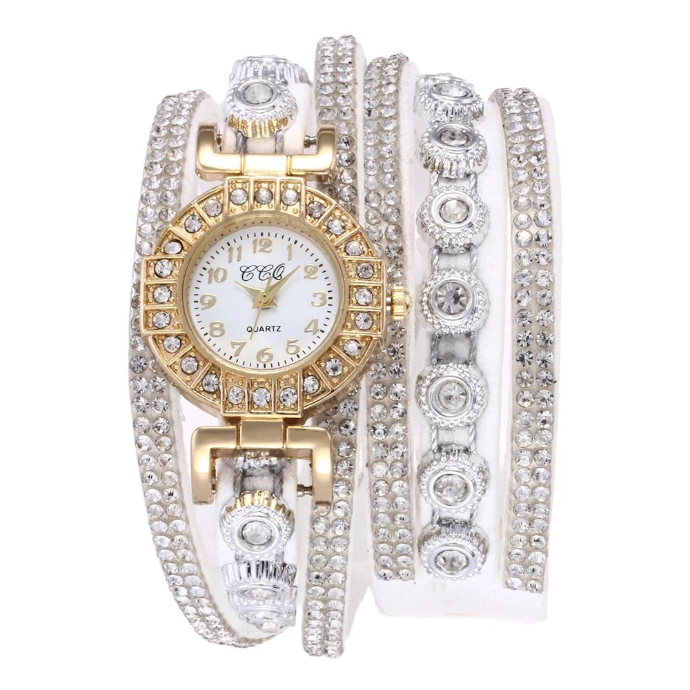 Fashion Rhinestone Blingbling Leather Wrap Quartz women watch