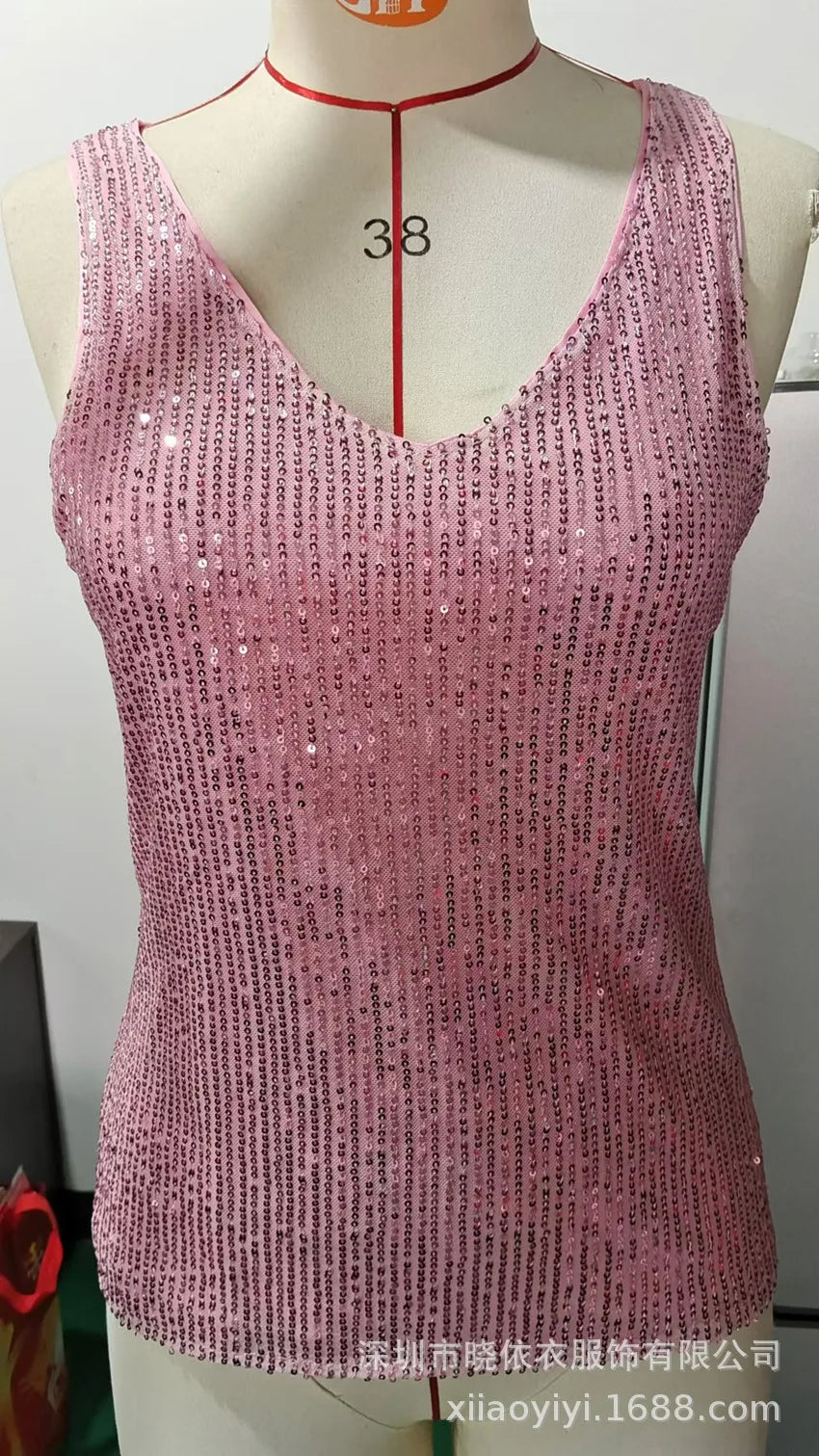 Women's Summer New Item Solid Color Fashion Sequin Light Mature Sexy V-neck Sleeveless Camisole Vest Pullover Top