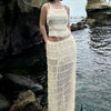 Weird Puss Mesh Backless 2 Piece Set Women Halter Lace-Up See Through Crop Tops+Loose Elegant Long Skirts Vacation Trend Outfits