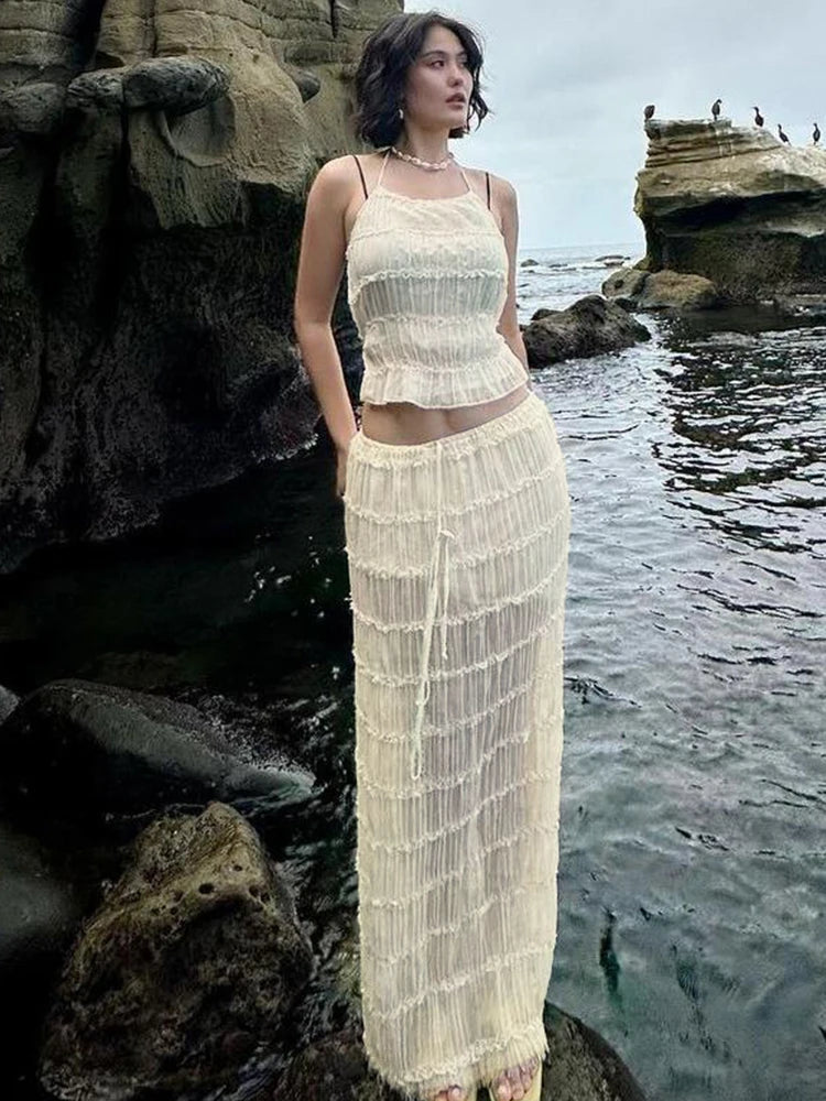Weird Puss Mesh Backless 2 Piece Set Women Halter Lace-Up See Through Crop Tops+Loose Elegant Long Skirts Vacation Trend Outfits