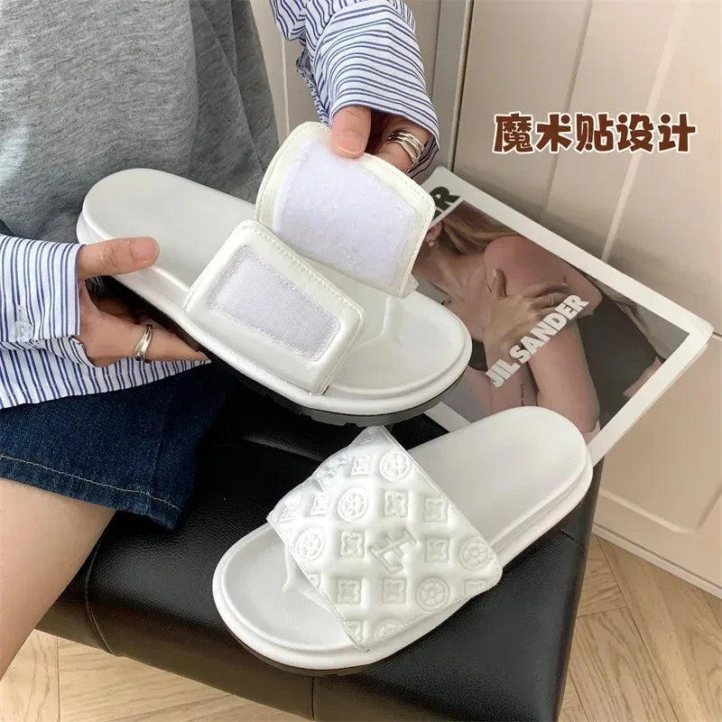 Ladies Magic Sticker Flat Slippers 2025 Summer New Designer Luxury Sandals for Women Elegant Home Flat Slippers Zapatos De Mujer