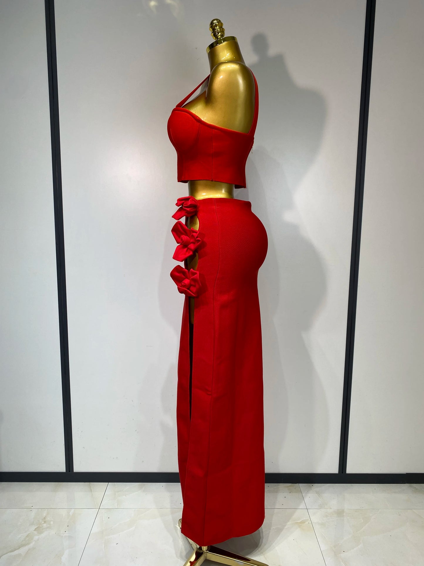 Summer New 2025 Women Sexy Flower Black Red Bandage Two Piece Set Celebrity Evening Party Skirt Suits Luxury Birthday Outfit