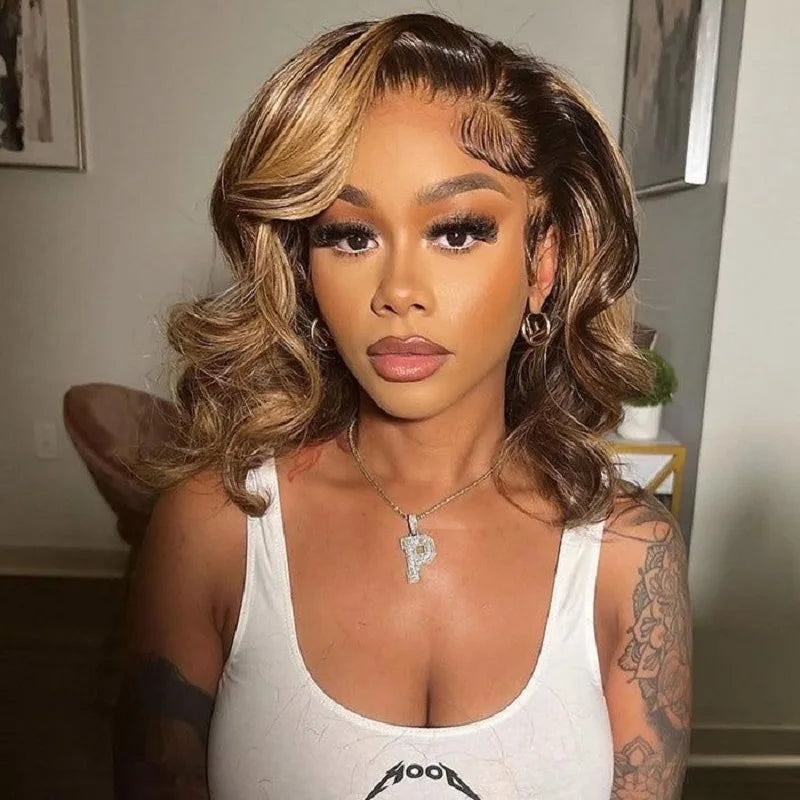 Highlight Body Wave Bob Wig Human Hair  Lace Front Human Hair Wigs For Women Honey Blonde 13X6 Transparent Lace Frontal Wig