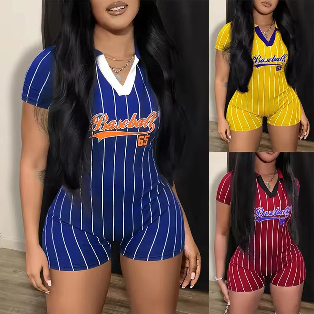 Women's V Neck Casual Jumpsuit One Piece Tight Short Rompers Sports Clothes Baseball Letter Print Summer Outfit New Fashion 2023
