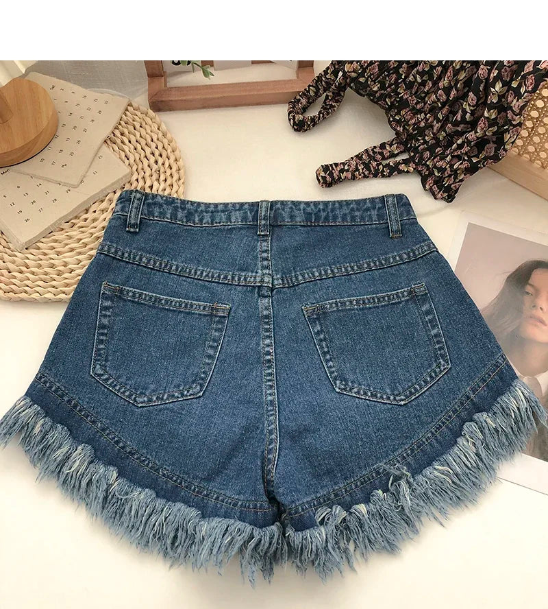 ITOOLIN Women Vintage Tassels Denim Shorts Button Loose High Waist A-line Jean Shorts Casual Women Office Trousers Streetwear