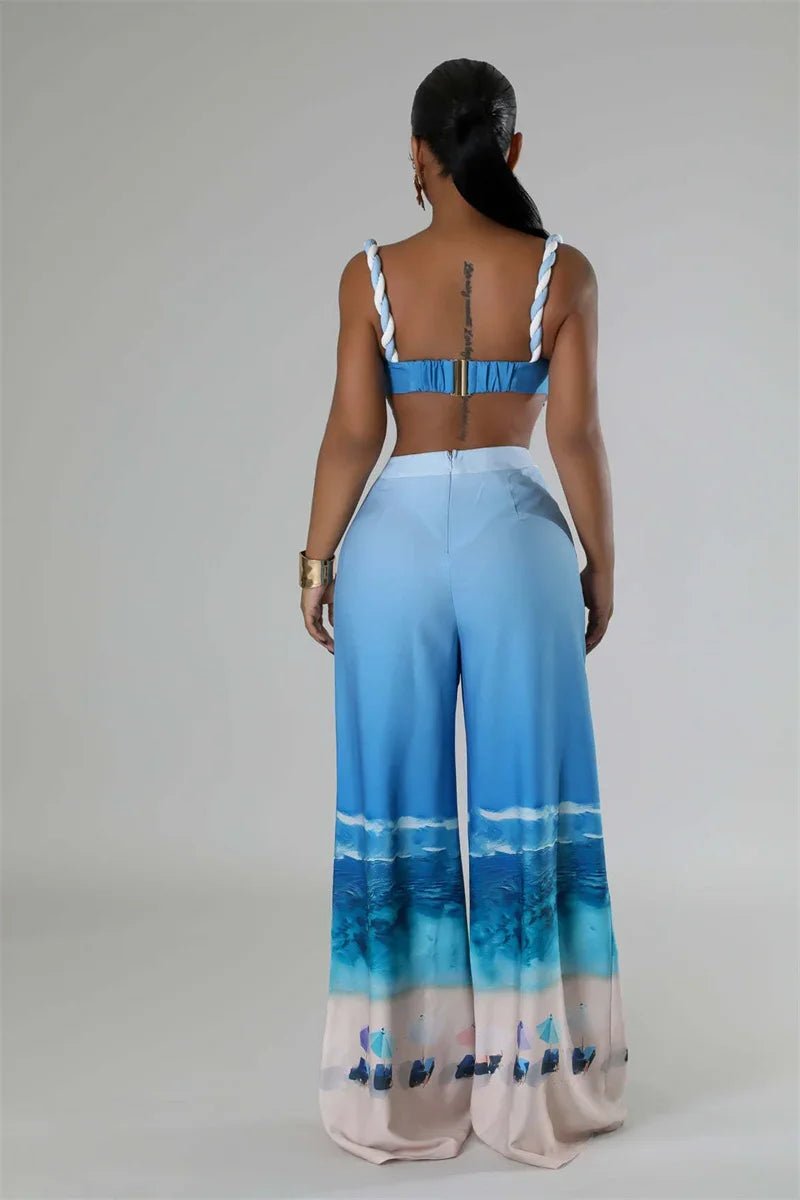 Sexy Nightclub Outfits for Women 2 Piece Set Birthday Vacation Bra Crop Top and Print Wide Leg Pants Matching Sets Beach Wear
