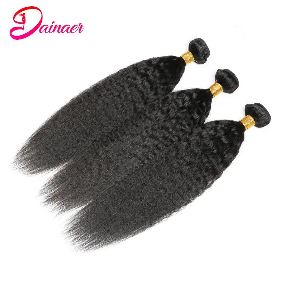 Kinky Straight Human Hair 3 Bundles With Closure Yaki Straight Hair Bundles With 4x4 Closure Human Hair Bundles With Closure