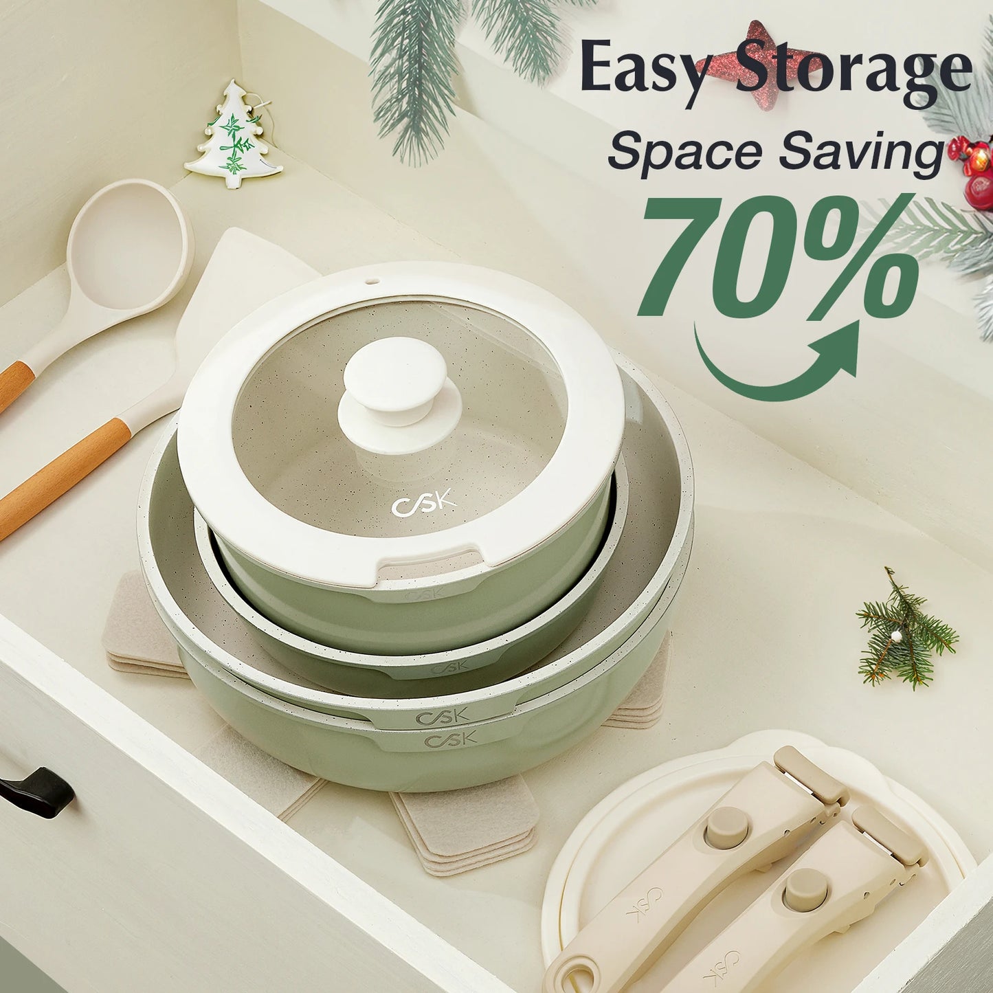 17pcs Cookware Set Non Stick, Green Stackable Cooking Pots and Pans Set with Removable Bakelite Handle and Glass Lid, Oven Safe