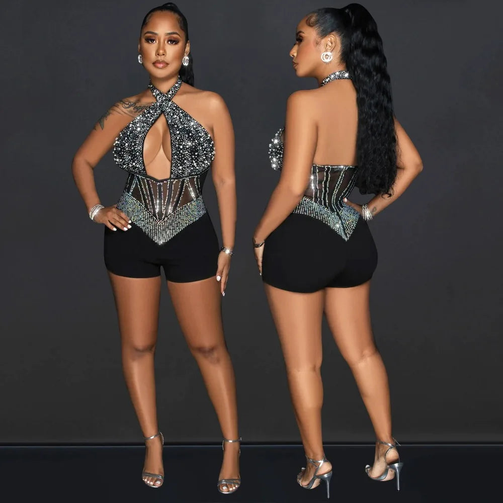 HLJ Gold Woman Evening Party Outfits Rhinestone Crystal Luxury Jumpsuits Women Corset Patchwork Bodycon Rompers Elegant Sexy