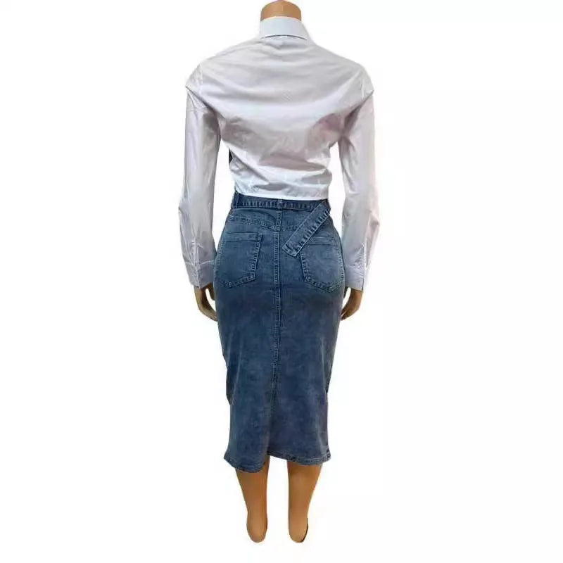 Denim Skirt Suit Women 2 Piece Sets Shirt Patchwork Turn Down Collar Belt Pockets Overshirt Straight Skirts Distressed Outfits